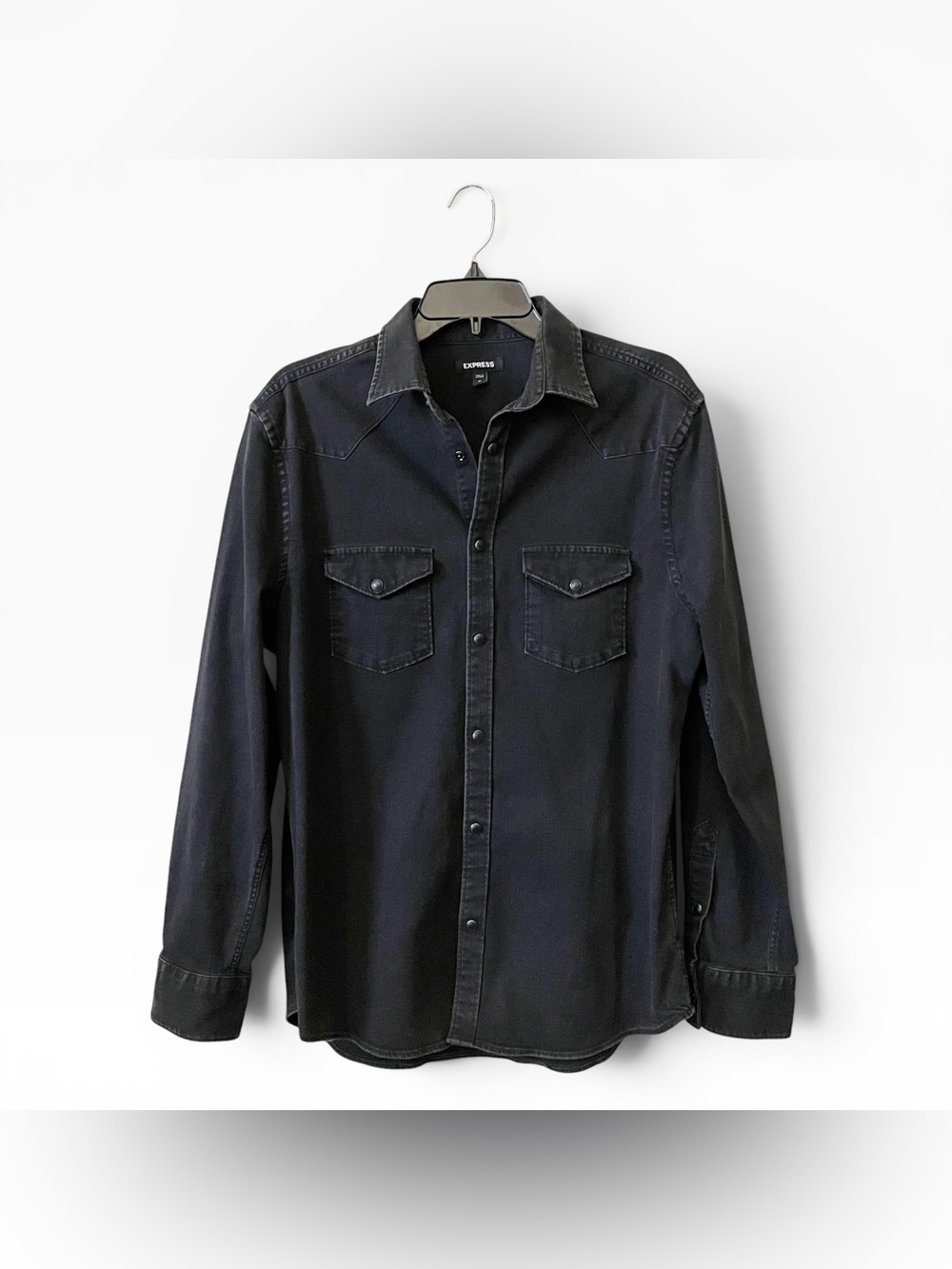 Express Western Shirt Mens Size M Black Denim Long Sleeve Pearl Snaps Dbl Pocket